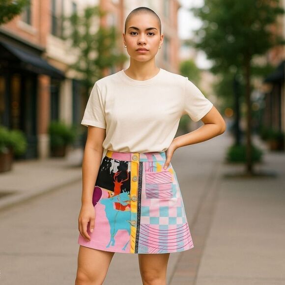 Custo Barcelona Midi A-line Skirt Y2K Multicolor Geometric w/Deers 4US/38 EUR - Picture 1 of 16